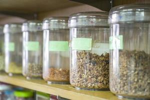 Close up Thai Herb for medicine in Traditioncal Thai Herb shop in Bangkok Thailand. photo