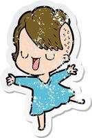 distressed sticker of a cute cartoon girl with hipster haircut vector