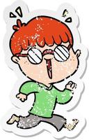 distressed sticker of a cartoon running boy wearing spectacles vector