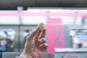 White strawberry type, but sweet and delicious was held in the hand with the subway  underground background. photo