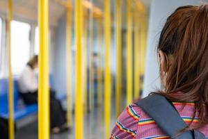 Yellow pole for the passenger to hold while transport inside Airport Rail Link Train. photo