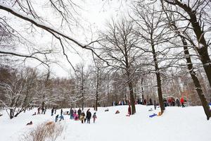 People slide down snow-covered hills on sleds photo