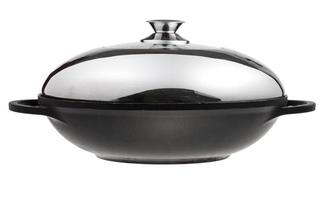 flatter-bottomed wok pan covered by metal lid photo