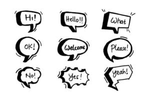 Handdrawing balloon speech bubbles set with short messages vector illustration on white background