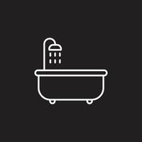 eps10 white vector bathtub with shower line art icon isolated on black background. contour outline symbol in a simple flat trendy modern style for your website design, logo, and mobile application