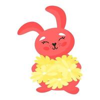 Funny rabbit holding flowers. Cute animal in cartoon style. Vector illustration for designs, prints and patterns. Isolated on white background.