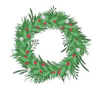 Christmas Wreath of pine branches decorated with Berries. Isolated on white background vector illustration. Abstract holiday banner, poster.