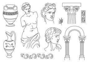 conjunto vectorial de esculturas antiguas, estudios, esculturas, apolo dibujado en estilo garabato. vector