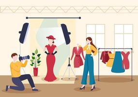 Professional Model Template Hand Drawn Cartoon Flat Illustration with Photographer Takes a Picture of a Posing Models Design vector