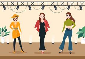 Professional Model Template Hand Drawn Cartoon Flat Illustration with Beautiful Women Models Walking on Podium in Fashion Week Event vector