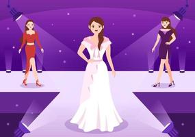 Professional Model Template Hand Drawn Cartoon Flat Illustration with Beautiful Women Models Walking on Podium in Fashion Week Event vector