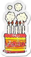 pegatina retro angustiada de un pastel de cumpleaños de dibujos animados vector