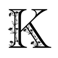 Floral botanical alphabet. Vintage hand drawn monogram letter K. Letter with plants and flowers. Vector lettering isolated on white