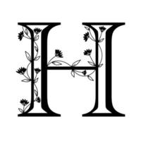 Floral botanical alphabet. Vintage hand drawn monogram letter H. Letter with plants and flowers. Vector lettering isolated on white