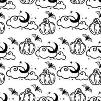 A seamless pattern of clouds and pumpkins, hand-drawn in doodle style. Happy Halloween. Clouds with the moon and stars. Bats. Autumn. Holiday. Hand-drawn, doodle-style hector illustration vector