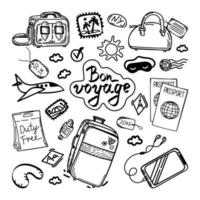 Set of different kinds of luggage, hand-drawn in sketch style. Vector illustration. Large and small suitcase, backpack, small bag, hand luggage, valise, tags. Card. Camera. Stamps. Airplane. Sketch