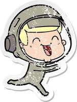 distressed sticker of a happy cartoon astronaut vector