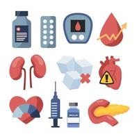 Diabetes flat vector elements set. Diabetes equipment icon collection. Insuline pump, glucometer, syringe, pen, lancet, test strips, insulin, blood, sugar, Heart. Concept of healthcare prevention