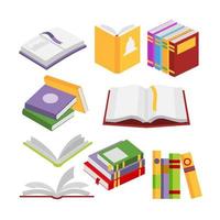 montones de libros para la educación en lectura, montones de libros de texto para aprender ciencias. conjunto de literatura antigua, diccionarios, enciclopedias, planificadores con marcadores. vector