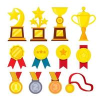 Collection of golden, silver and bronze medals, cups and badges vector flat illustration. Set of trophy or awards for winners isolated. Symbols of success, appreciation, championship and triumph
