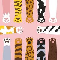 Cat paw and dog paw cat breed doodle illustration character. paws raised hand. kitten footprints. kitty feline spotted vector illustration