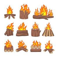 Juego de fogatas de madera, símbolo de aventura de viaje y campamento ardiente. llamas ardientes, ilustración de hoguera de fuego. vector