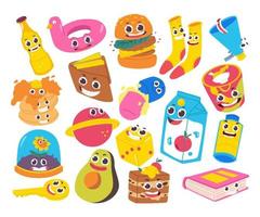 Set of cute smiley comic cartoon character. Happy world smile day with objects hipster or pop art style sticker and label childish drawing vector