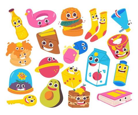 Set of cute smiley comic cartoon character. Happy world smile day with objects hipster or pop art style sticker and label childish drawing