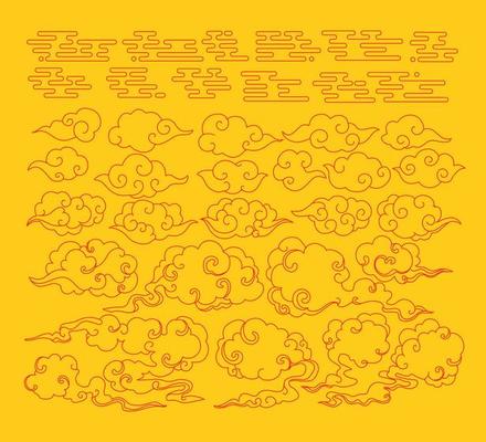 Collection of Red clouds in Chinese style. Set of hand drawn cloud with Japanese pattern vector. Oriental decoration. flyer or presentation in vintage style.