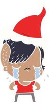 flat color illustration of a crying girl wearing santa hat vector