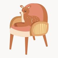 modern colorful upholstered armchair with a deer toy sitting on it, in boho style, highlighted in white. Vector illustration of a flat style