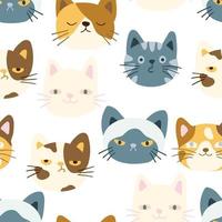 lindas cabezas de gatos coloridas, caras de gatitos, patrón vectorial sin costuras. divertidos personajes de dibujos animados de animales de compañía de gatitos con emociones, textura para tela, papel pintado, papel de envolver, textil, ropa de cama, estampado de camisetas vector