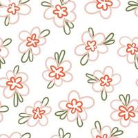 Margarita ingenua dibujada a mano flores sueltas con hojas vector patrón sin costuras. textura floral retro manchada para textil, impresión, tela, envoltura, papel.