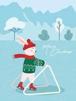 Chinese New Year 2023, year of the rabbit. a cute rabbit in a New Year's sweater and a hat with headphones on the background of snowflakes learn to skate on the lake. Figure skating. Merry Christmas. vector