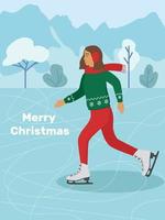 Chinese New Year 2023, year of the rabbit. A young girl in a New Year's sweater and a hat with headphones against the background of snowflakes is skating on the lake. Figure skating. Merry Christmas. vector
