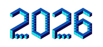 diseño de año nuevo 2026 de cubos azules en blanco. Estilo isométrico de 8 bits. vector