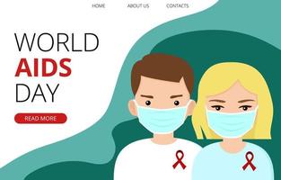 World Aids Day template with young man and woman wearing masks and red ribbon, solidarity with HIV-positive and living with AIDS people. Awareness campaign. Landing page horizontal template, poster vector