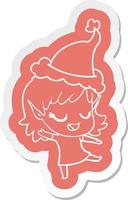 happy cartoon  sticker of a elf girl wearing santa hat vector