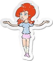 retro distressed sticker of a cartoon confused pretty girl vector