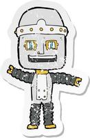 retro distressed sticker of a cartoon waving robot vector