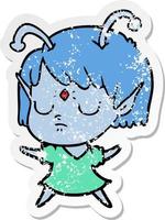 distressed sticker of a cartoon alien girl vector