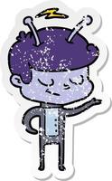 distressed sticker of a friendly cartoon spaceman vector