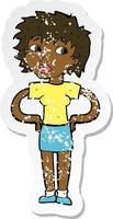 retro distressed sticker of a cartoon woman with hands on hips vector