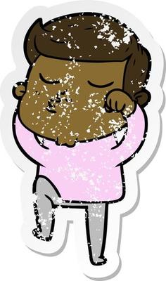 distressed sticker of a cartoon model guy pouting
