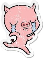 distressed sticker of a cartoon running pig crying vector