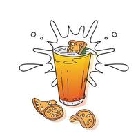 Bael juice, aromatic fruit with splash behind and dried bael. Hand drawn vector illustration isolated on white background.