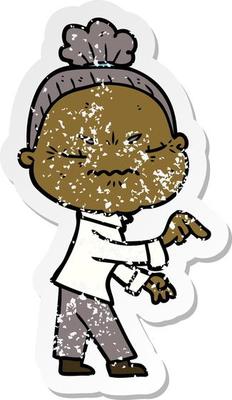 distressed sticker of a cartoon annoyed old lady