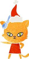 linda caricatura retro de un gato con vestido con sombrero de santa vector