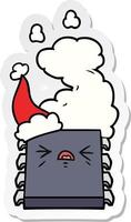 sticker cartoon of a overheating computer chip wearing santa hat vector