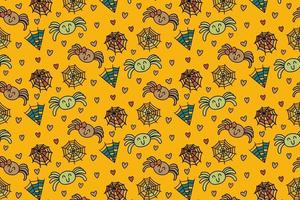 A couple spiders are in love, love is a trap like a spider's web full of tricks and deceit. seamless pattern, kawaii, cartoon, doodles, print, art. vector